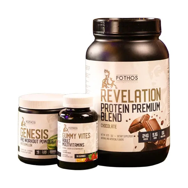 Pothos Nourishment & Lifestyle trio bundle containing protein powder, multivitamins, and preworkout